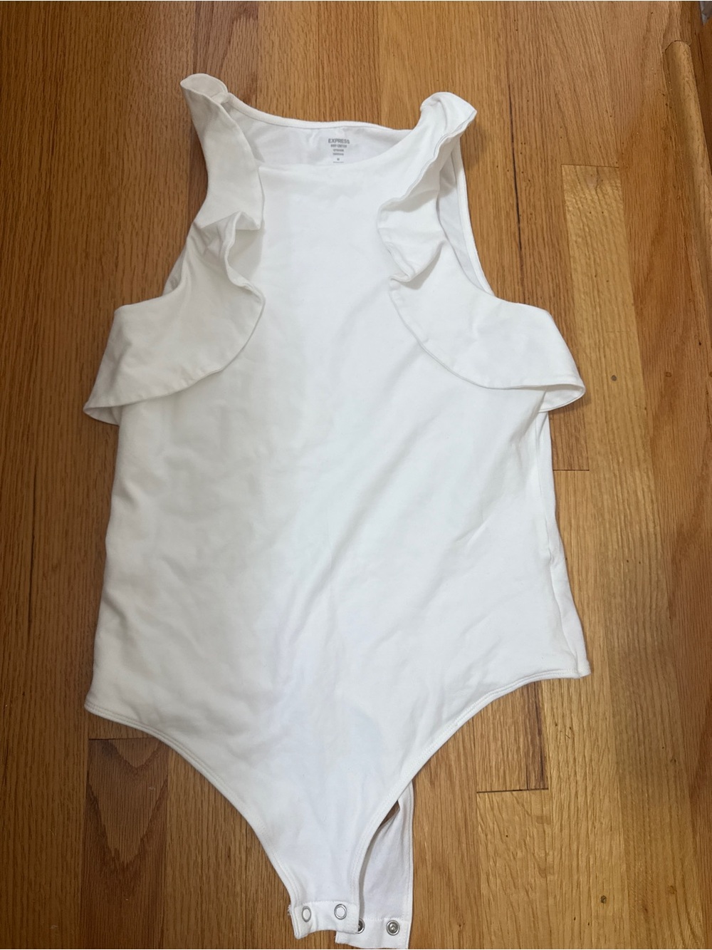 Express White Ruffle Tank One-Piece Bodysuit